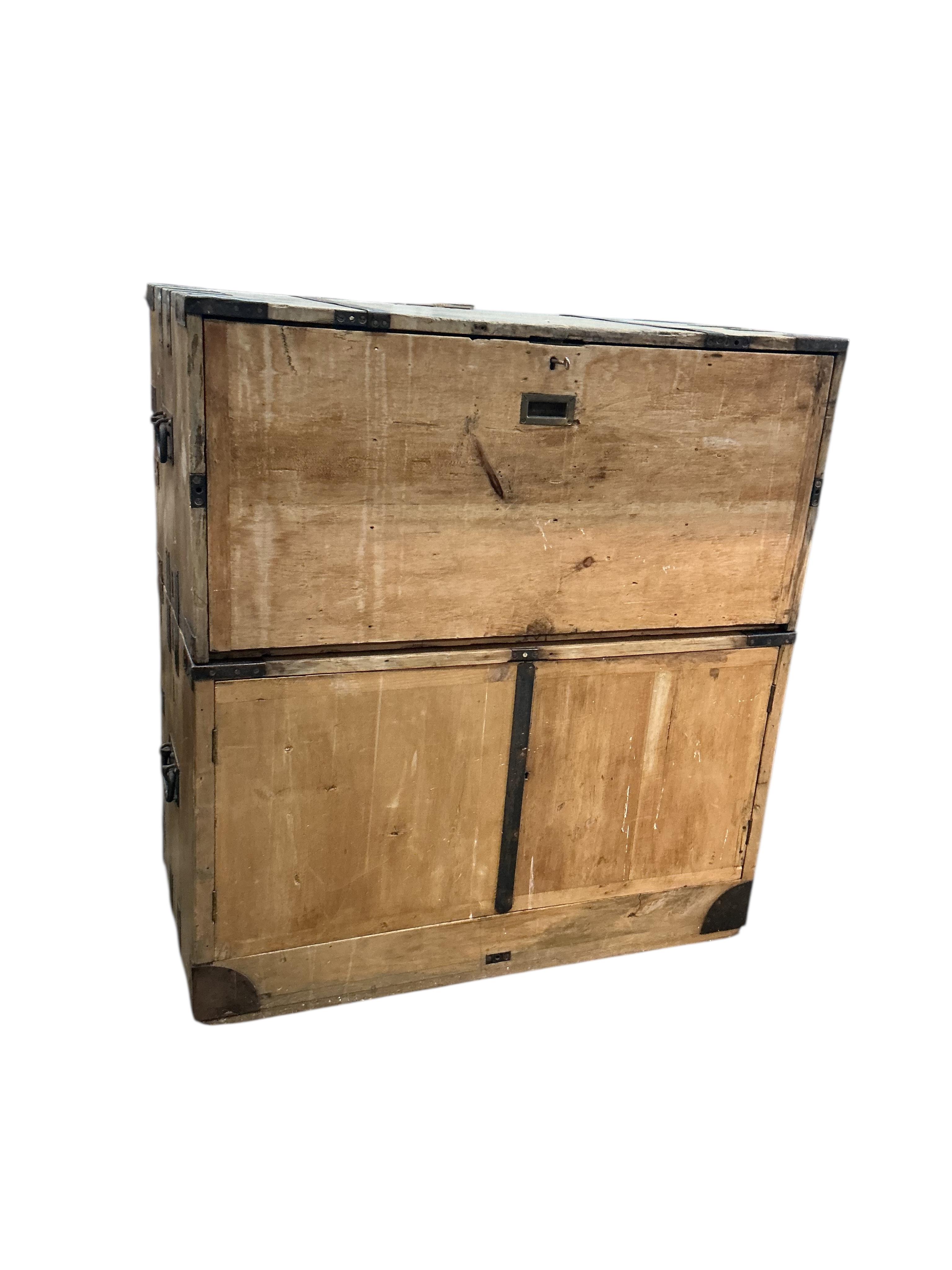 A 19th century pine two section military chest, width 106cm, depth 54cm, height 114cm, Provenance: By repute once the property of Frederick Matte (?) who was present at the Battle of Ladysmith